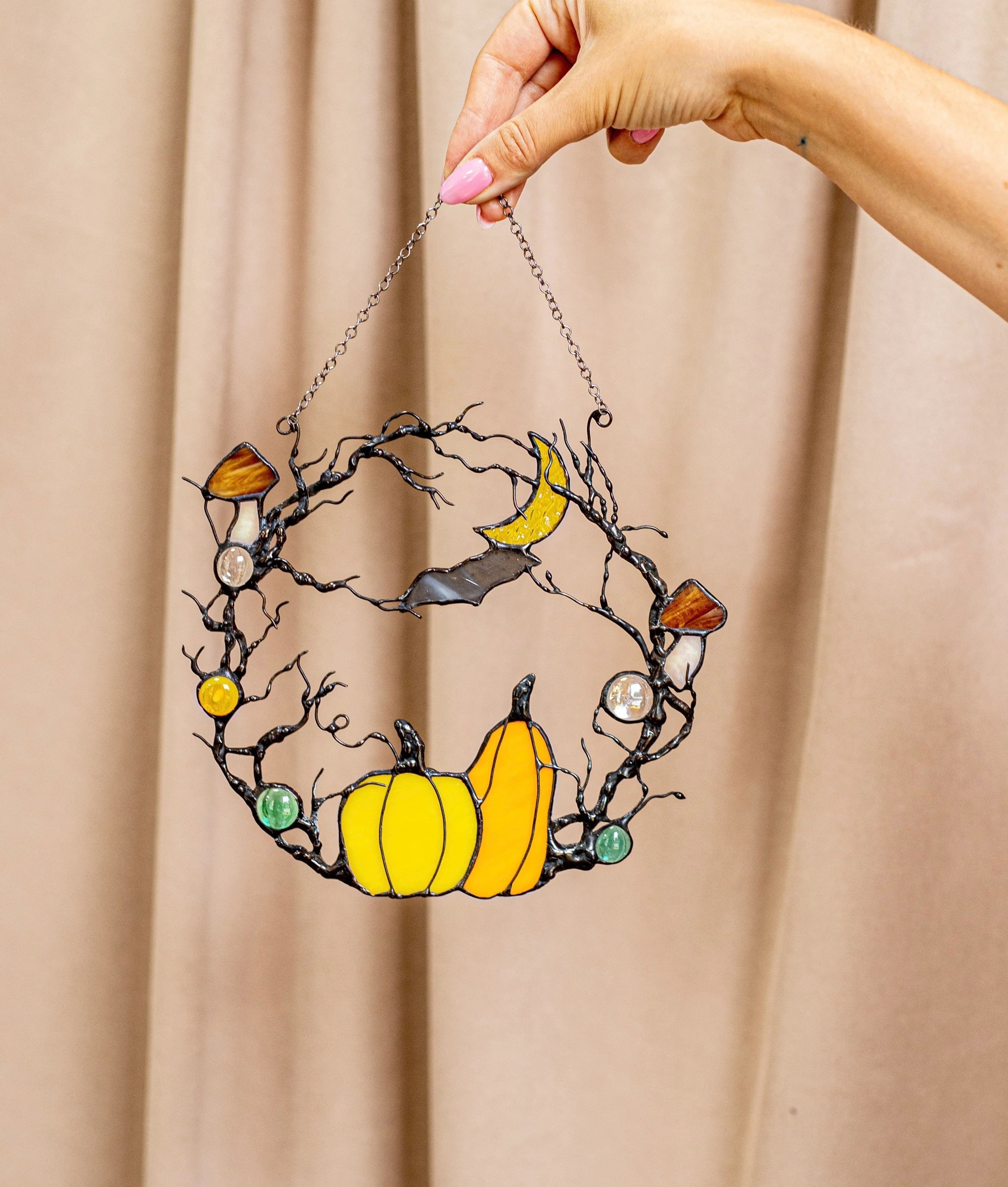 Stained Glass Halloween Wreath: Pumpkin, Moon, Bat Suncatcher