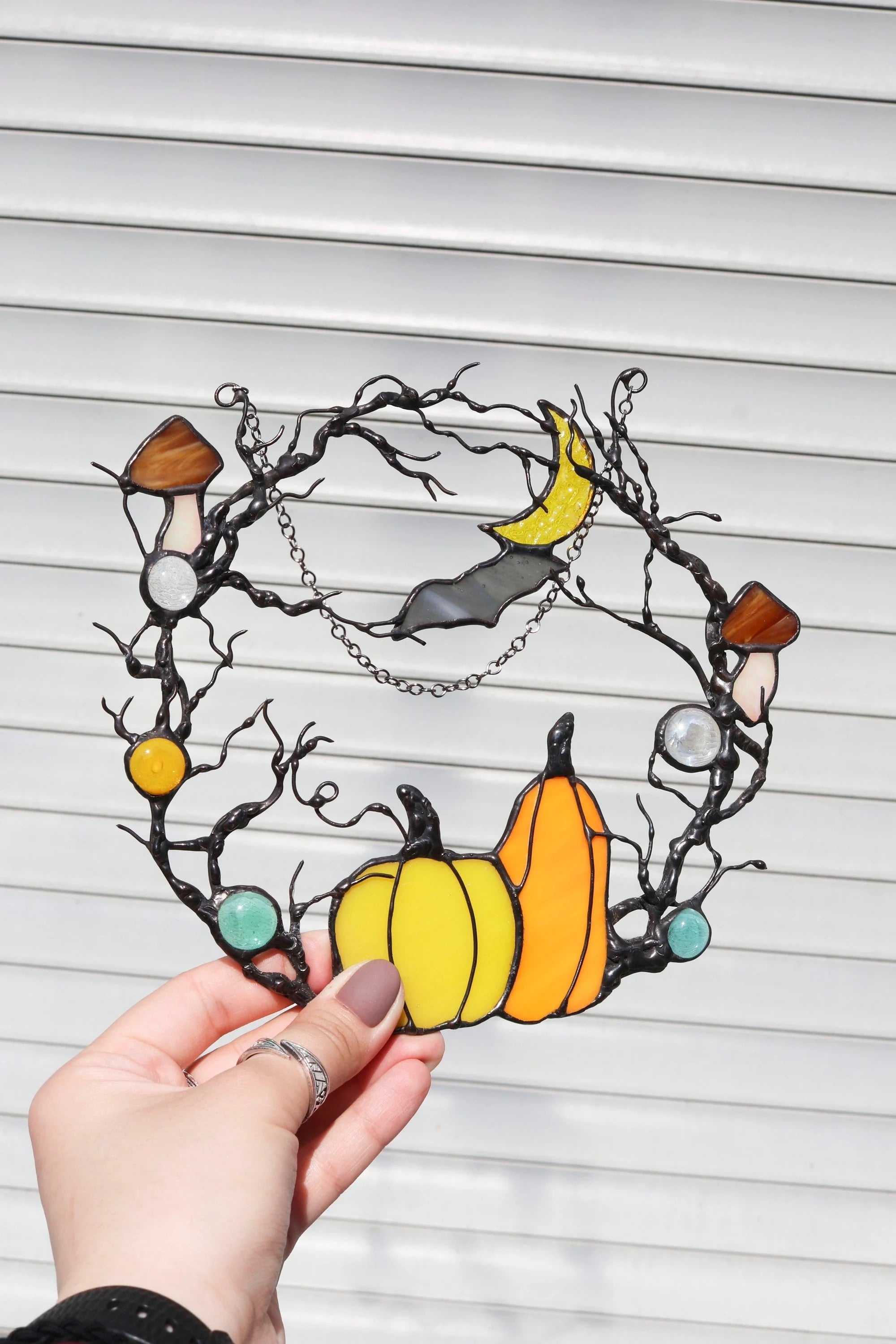 Stained Glass Halloween Wreath: Pumpkin, Moon, Bat Suncatcher