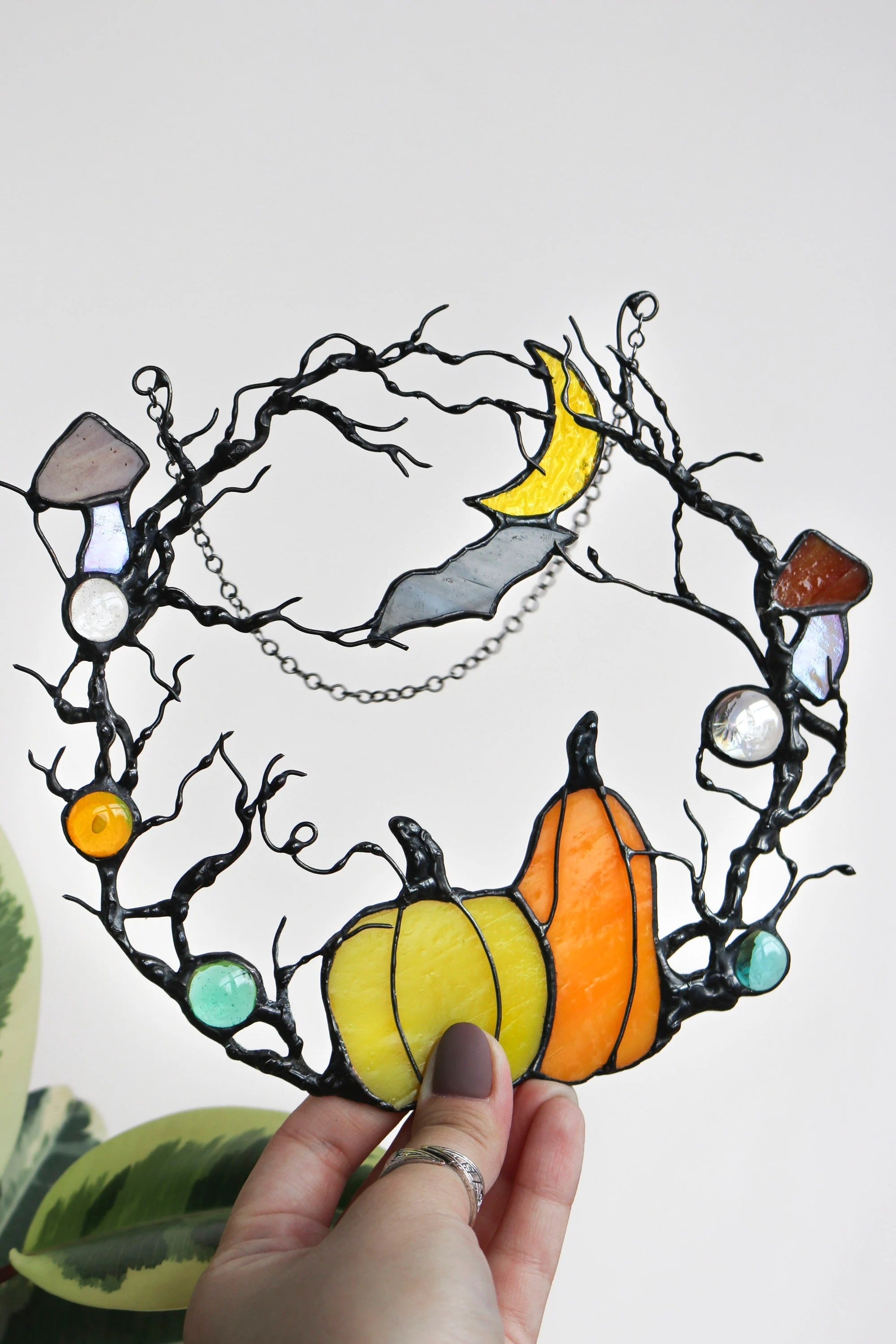 Stained Glass Halloween Wreath: Pumpkin, Moon, Bat Suncatcher