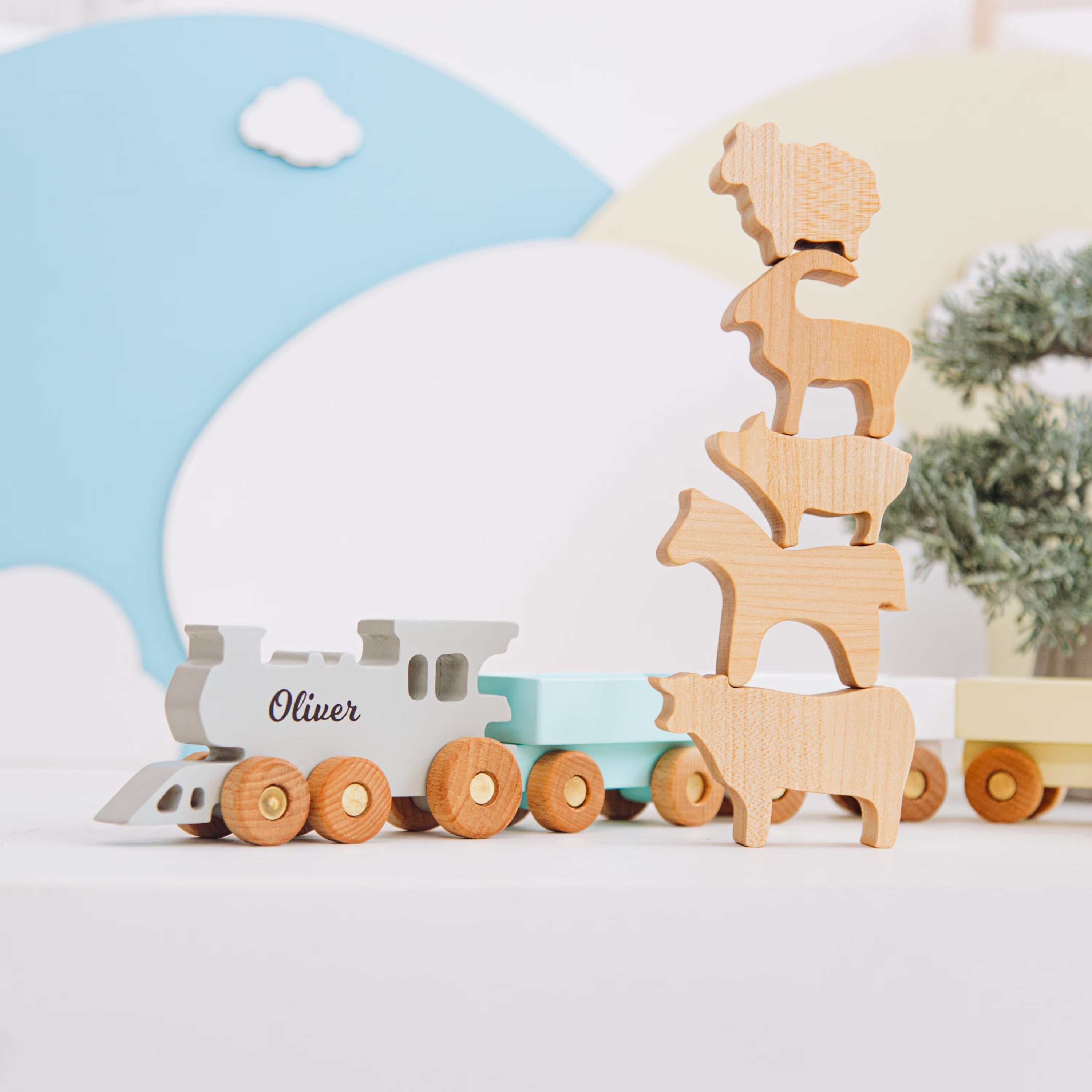 Wooden Farmer Train With Name Additional Set of Animals Custom Train Personalized Baby Boy Gift Sensory Toys Fidget Toys For Toddlers