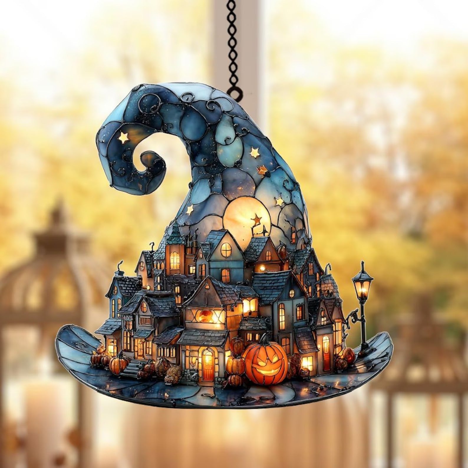 Witch Hat Village Acrylic Suncatcher, Halloween Town Faux Stained Glass Window Hanging, Spooky Home Decor for Halloween
