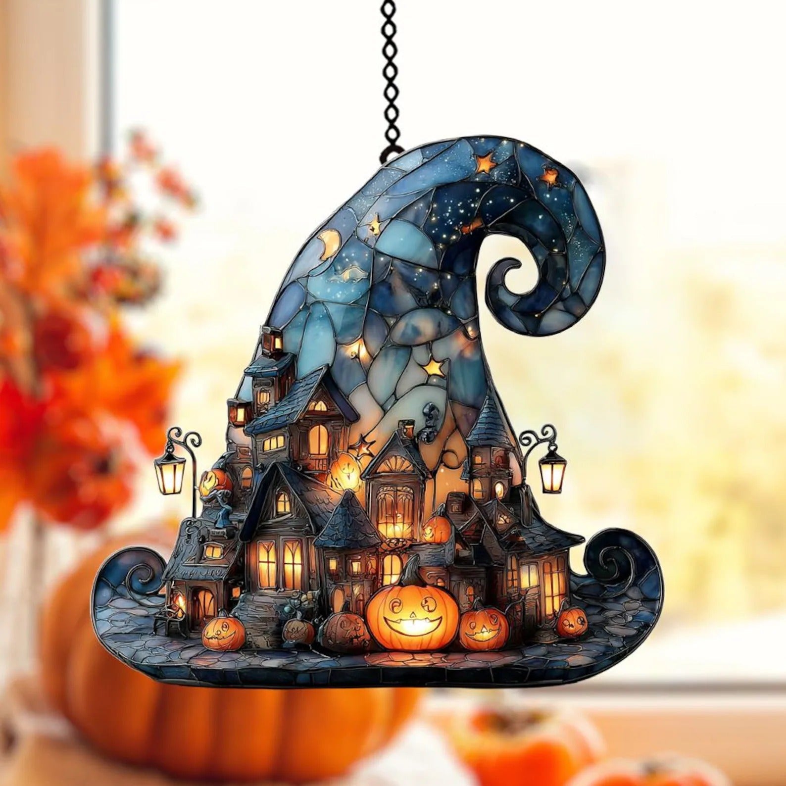 Witch Hat Village Acrylic Suncatcher, Halloween Town Faux Stained Glass Window Hanging, Spooky Home Decor for Halloween