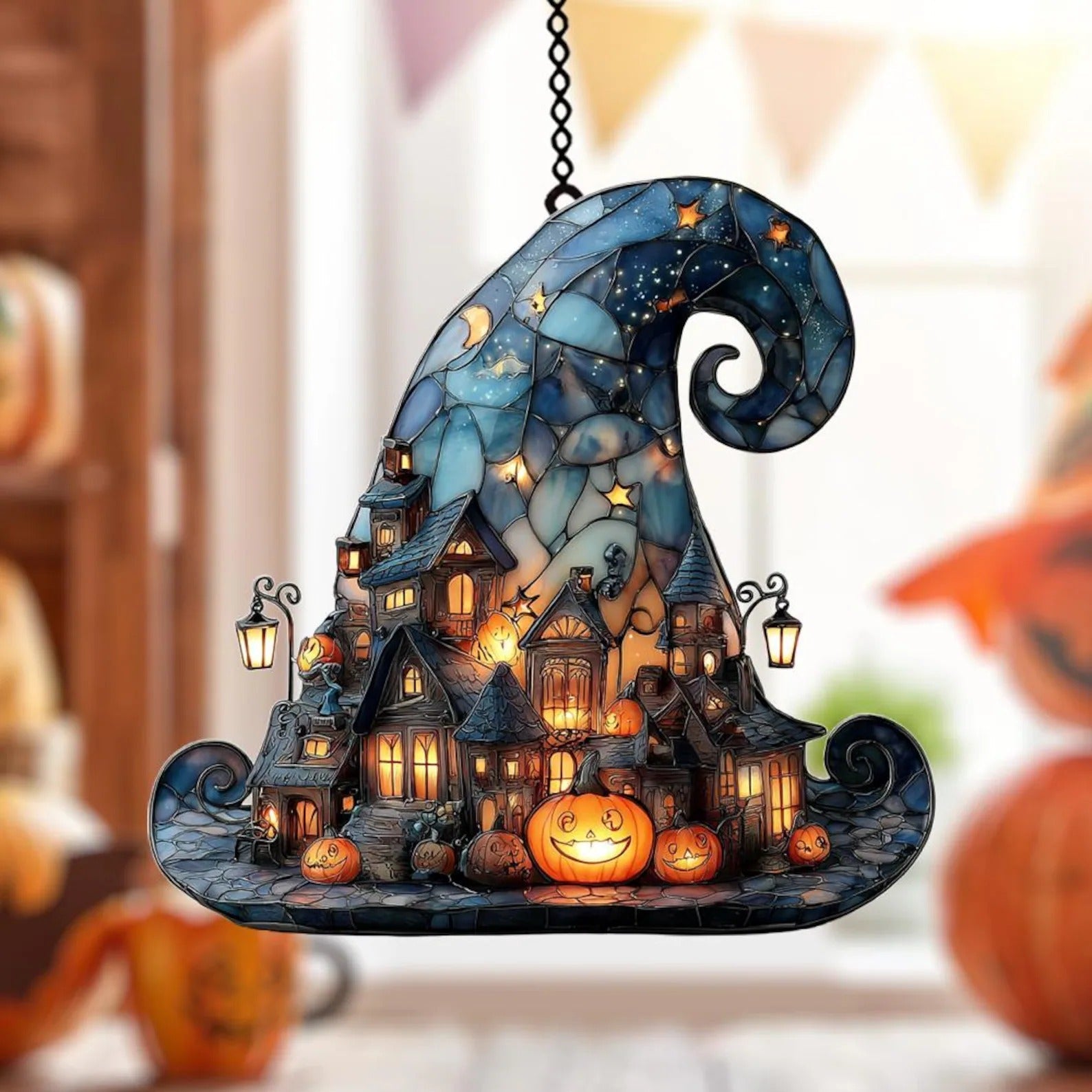 Witch Hat Village Acrylic Suncatcher, Halloween Town Faux Stained Glass Window Hanging, Spooky Home Decor for Halloween