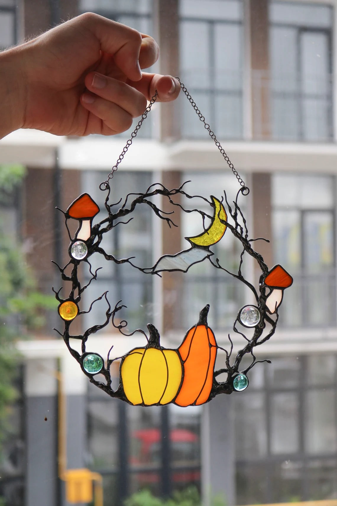 Stained Glass Halloween Wreath: Pumpkin, Moon, Bat Suncatcher