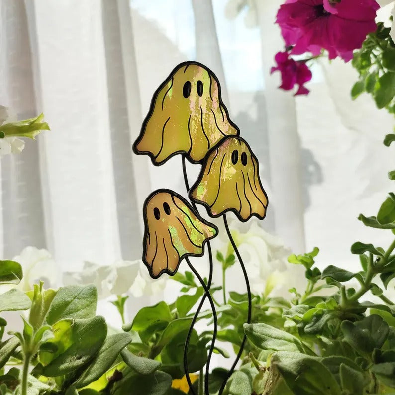 Halloween Decor Stained Glass Ghost Mushrooms. Cute Ghost Plant Stakes for Spooky Season. Halloween Gift. Unique Garden Art. Happy Halloween