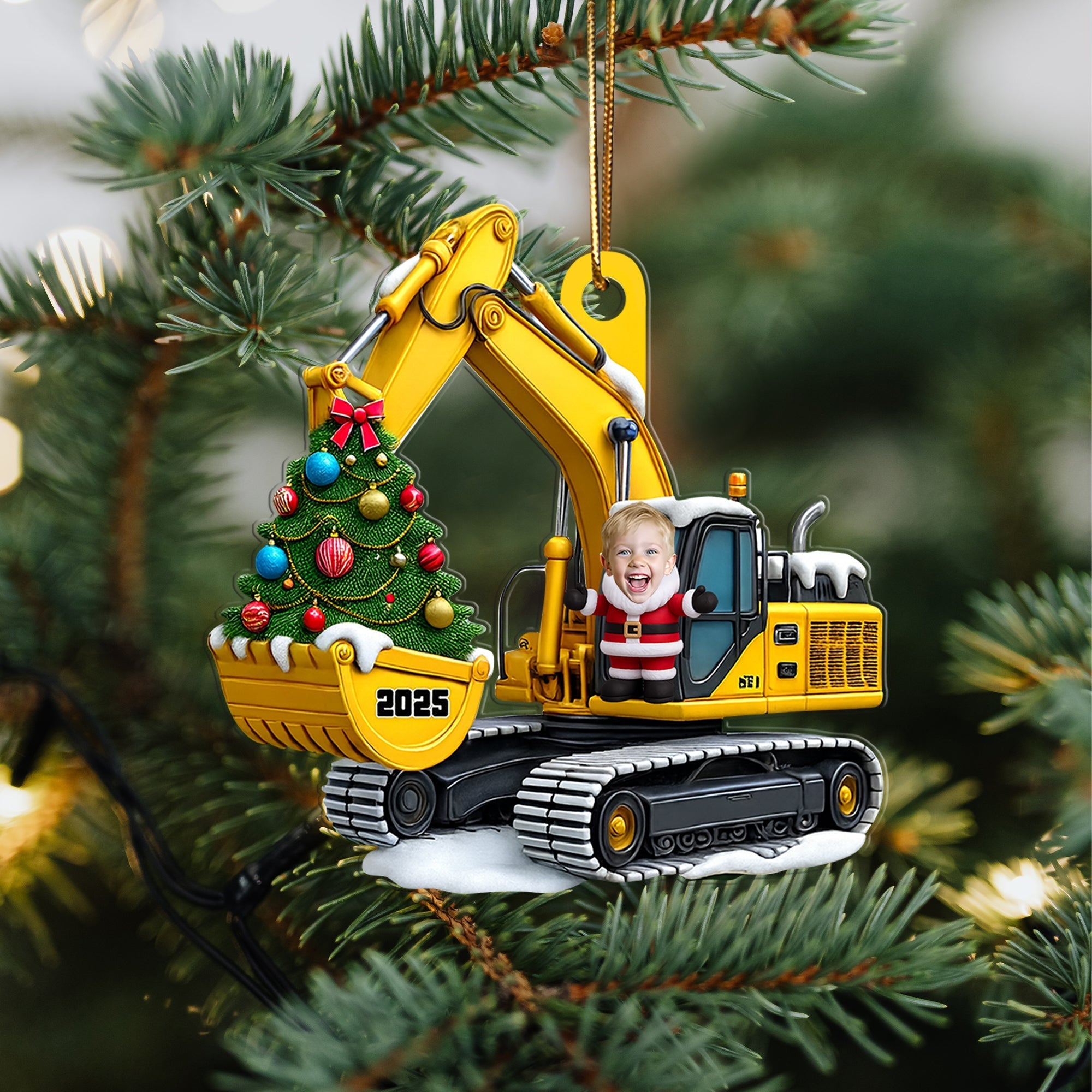 Personalized Xmas Excavator Construction Backhoe Kid Photo Ornament, 3D Effect Xmas Gift For Kids