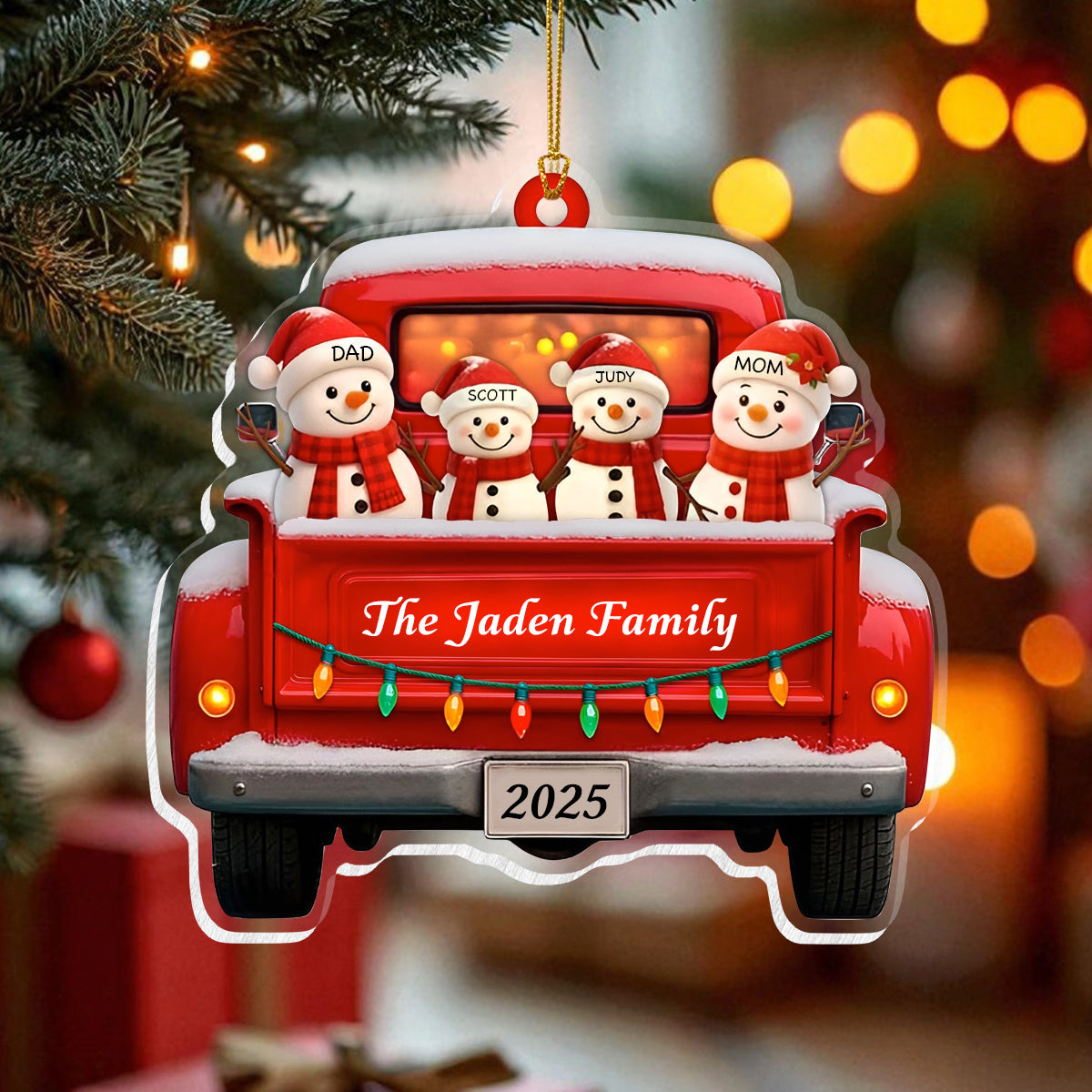 Personalized Snowman Family Christmas Ornament, Red Truck Christmas Ornament, Snowman Ornament, Custom Name Ornament, Baby First Christmas