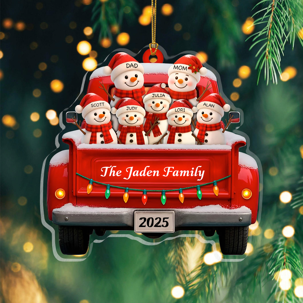 Personalized Snowman Family Christmas Ornament, Red Truck Christmas Ornament, Snowman Ornament, Custom Name Ornament, Baby First Christmas